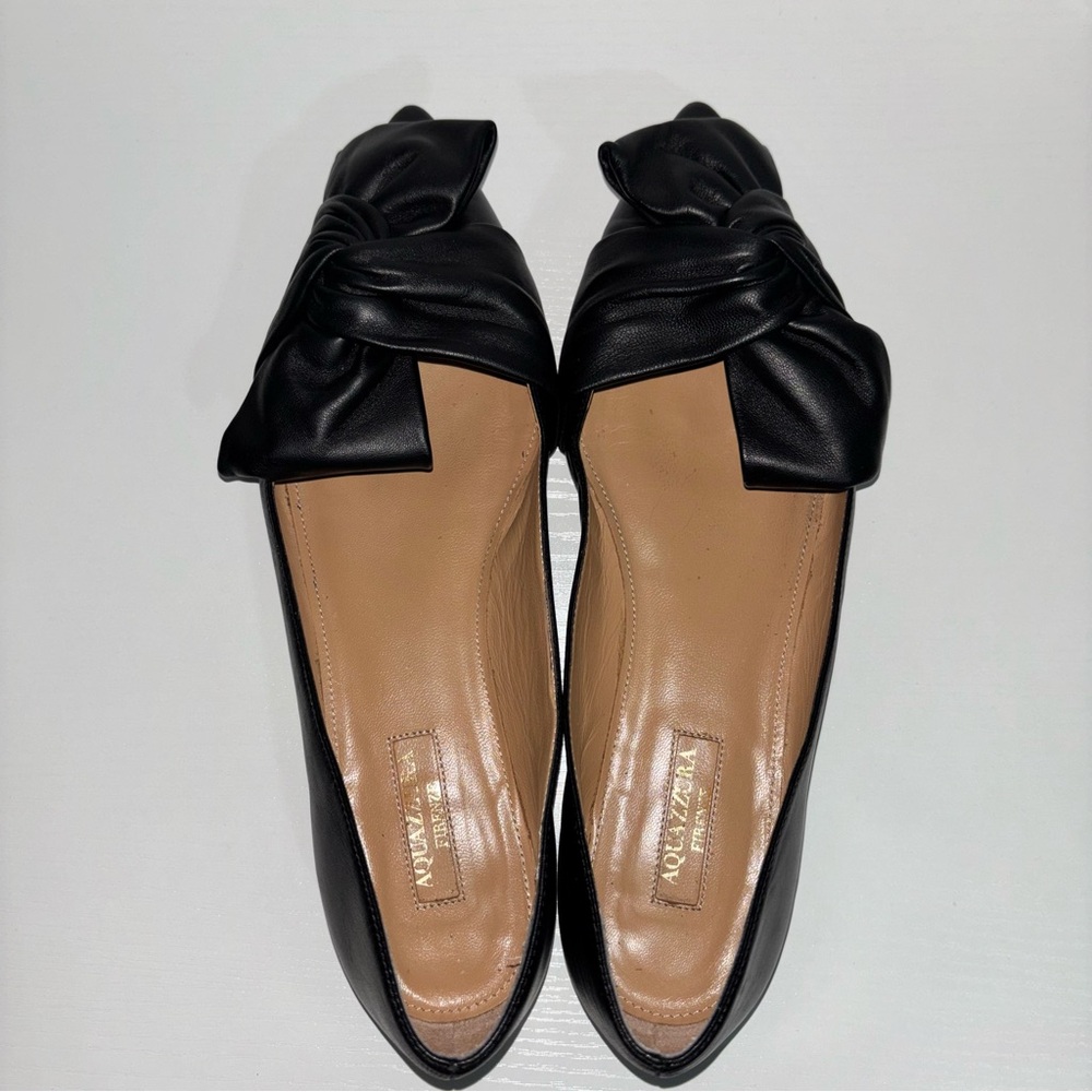 Aquazzura Black Leather Flats with Bow - Picture 2 of 10